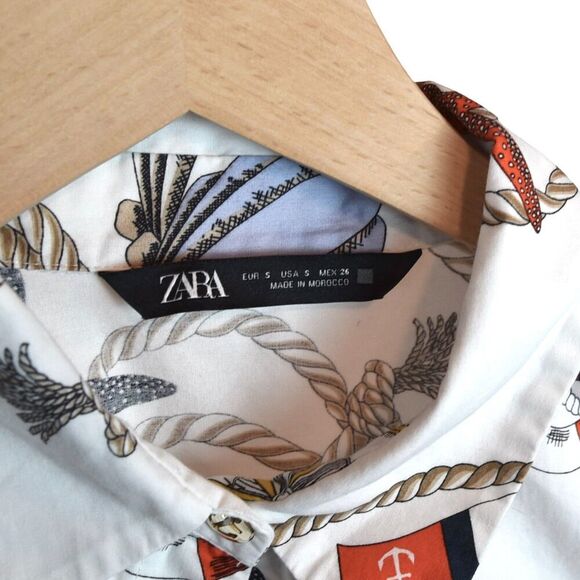 ZARA Rope Print Nautical Shirt Dress Button-Up Top Size S *Missing 1 Button* - Picture 4 of 8